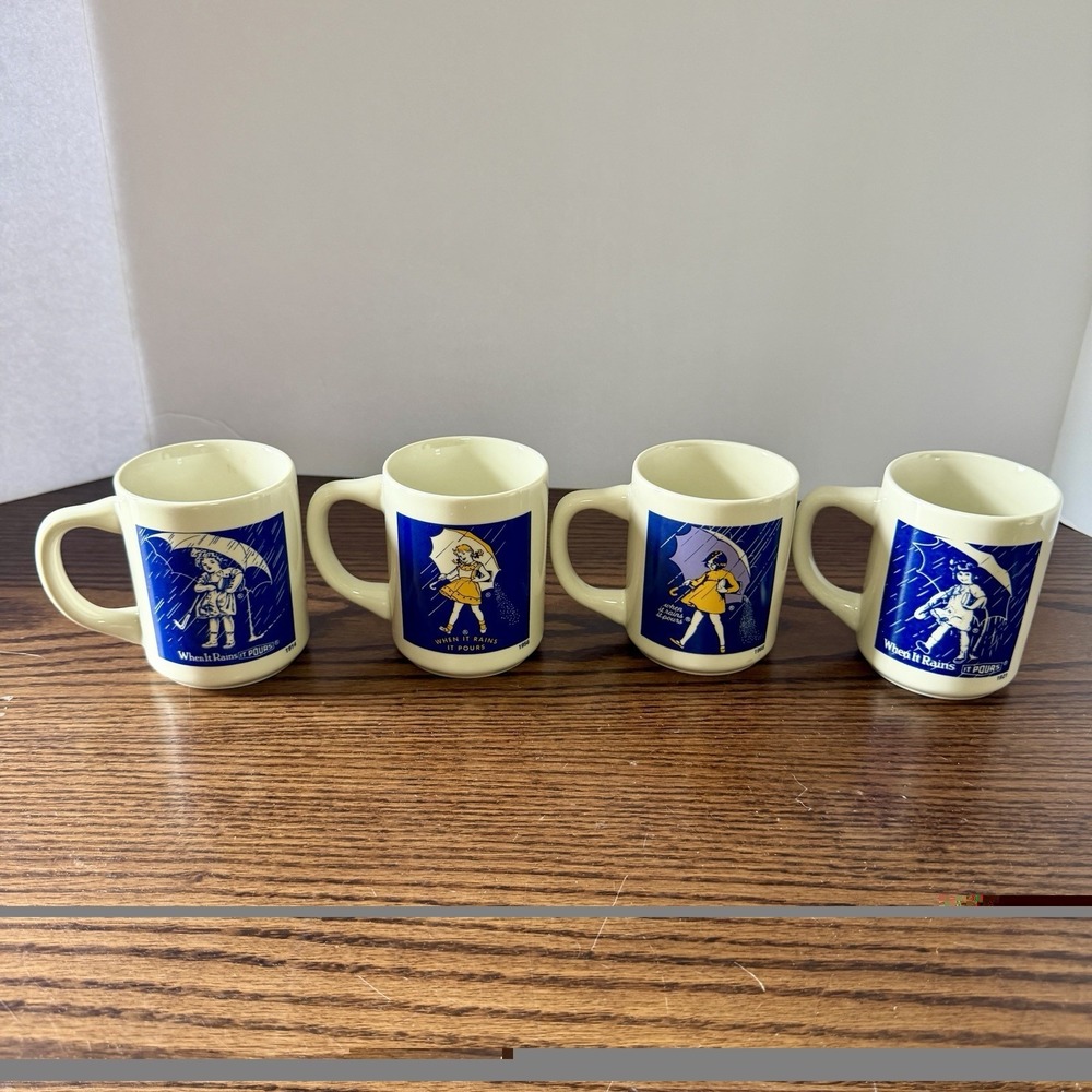 Vintage Morton Salt When It Rains It Pours Coffee Mug Set of 4 Japan Advertising